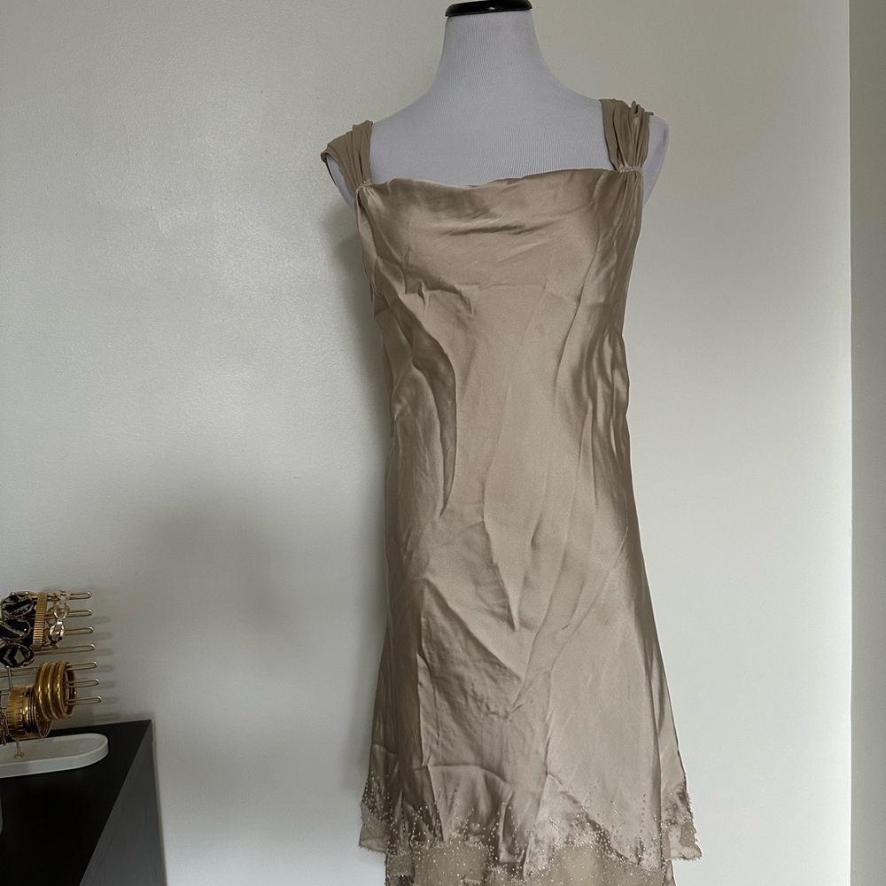 Vintage Jones New York Silk Beaded Trim Evening Dress in Cream sz16